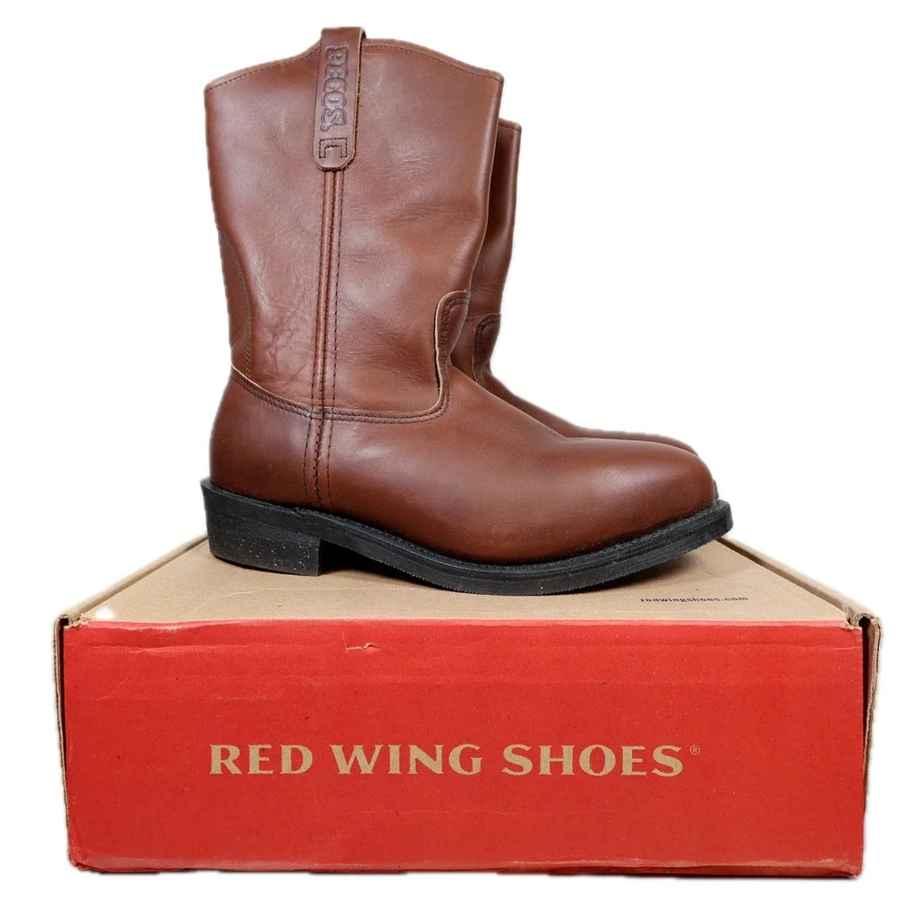 Red Wing Pecos 2214 Boots Mens 11 Brown Leather Steel Toe Pull On Made in USA